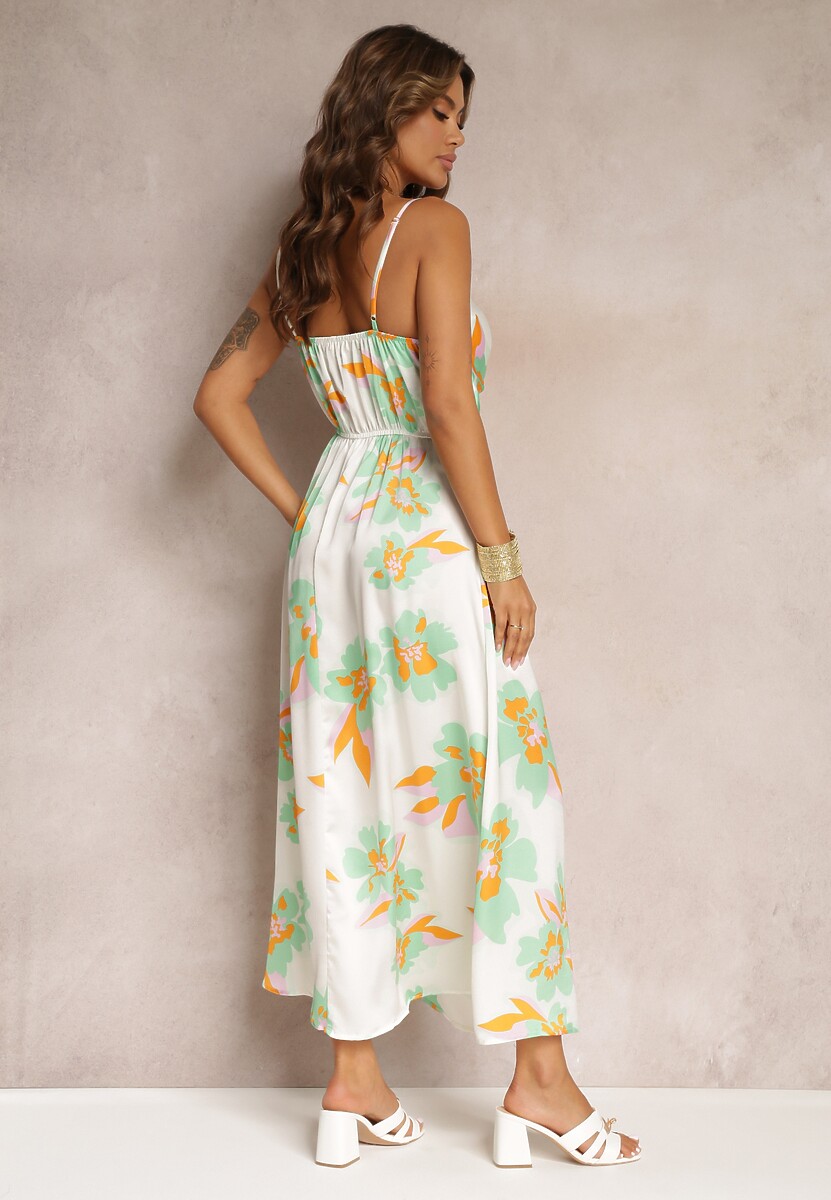 Biało-Zielona Sukienka Maxi z Wycięciem na Brzuchu i Gumką w Pasie Rlice