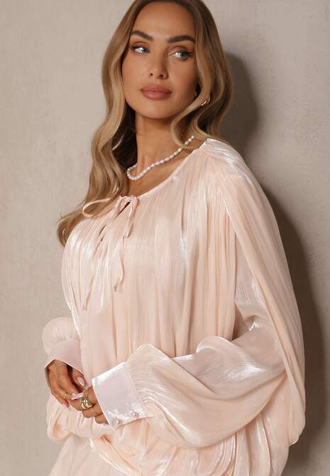 Beżowa Bufiasta Sukienka Zdobiona Trenem i Wiązaniem z Falbanami Lunoriela