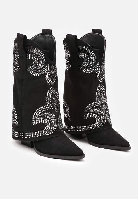 Czarne Botki Kowbojki na Słupku Wykończone Wywiniętą Nogawką z Cyrkoniami Evisya