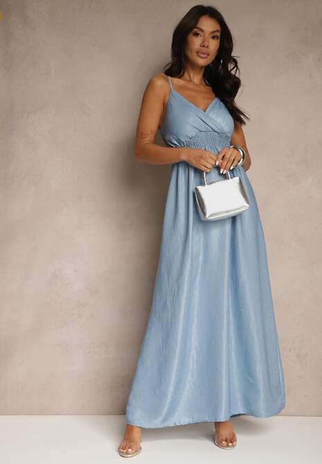 Jasnoniebieska Wiskozowa Sukienka o Kopertowym Kroju na Ramiączkach z Cyrkoniami Aravice