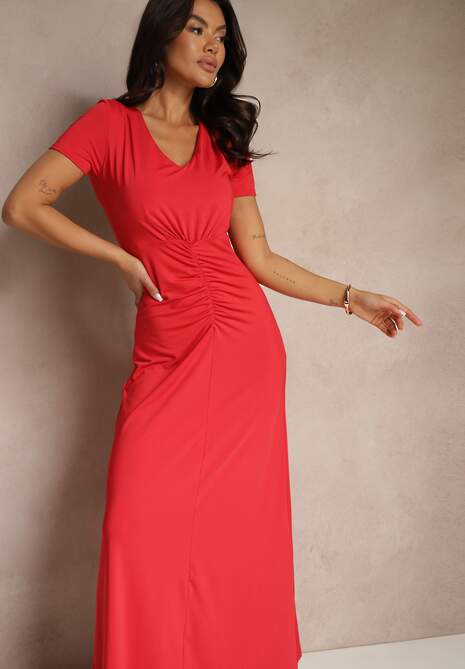 Czerwona Taliowana Sukienka z Ozdobnymi Marszczeniami i Domieszką Wiskozy Avenile