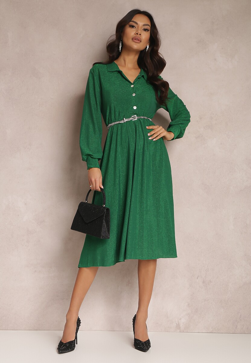 Zielona Sukienka z Kołnierzykiem i Plisowanym Dołem Zade