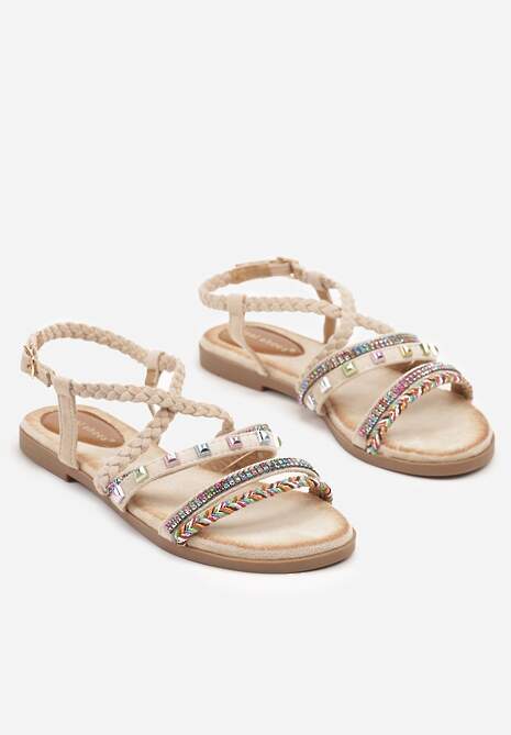 Beżowe Sandały Ozdobione Ćwiekami i Cyrkoniami Pillitte