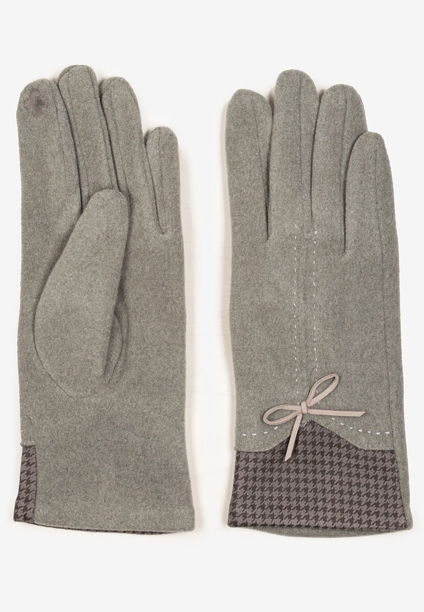 Szare Rękawiczki z Bawełną Cyrkoniami i Kokardką Adelirra