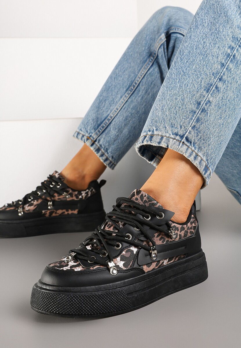 Czarne Sneakersy ze Wzorem w Panterkę Doridi