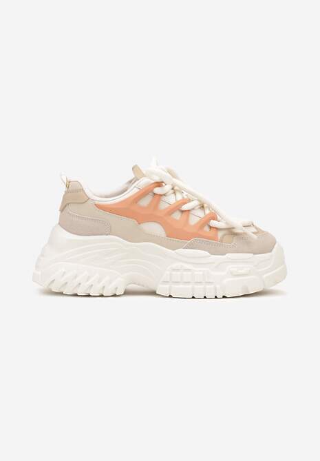 Beżowo-Pomarańczowe Sneakersy na Platformie z Przeszyciami i Grubymi Sznurówkami Nevelinda