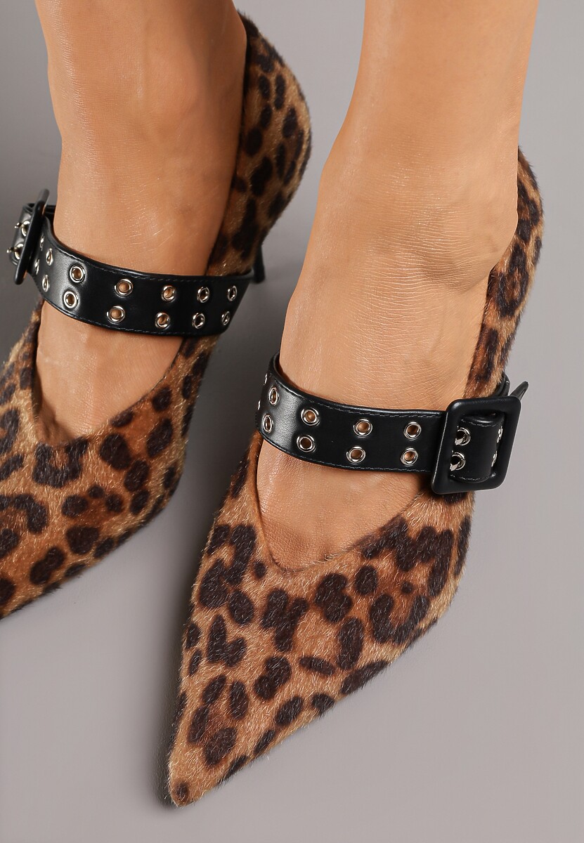 Panterkowe Czółenka Vices na Szpilce z Wkładką ze Skóry Naturalnej z Klamrą Nalisette