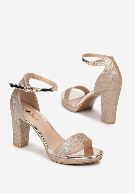 Złote Sandały na Słupku Zdobione Brokatem Aldohr