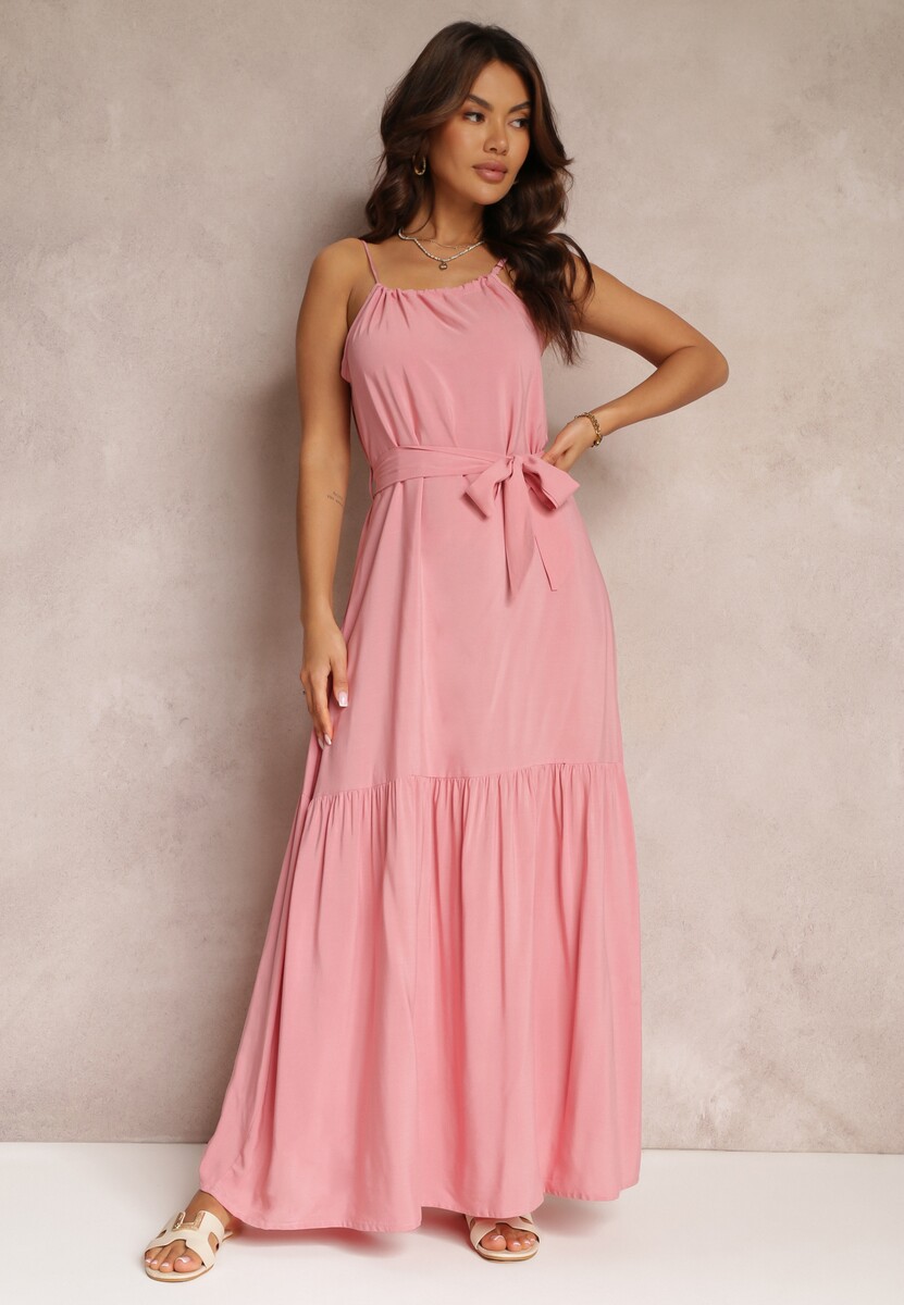 Różowa Rozkloszowana Sukienka na Ramiączkach z Wiązanym Paskiem Diadite