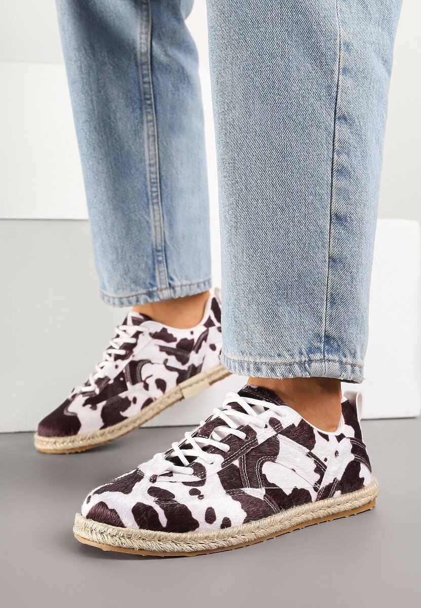 Brązowo-Białe Sneakersy Kultowe Tenisówki ze Wzorem w Łaty z Podeszwą Zdobioną Plecionką Zarorella