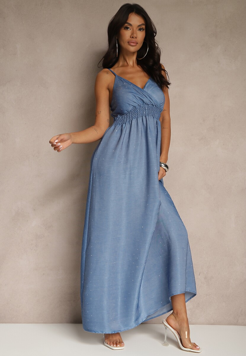 Niebieska Wiskozowa Sukienka o Kopertowym Kroju na Ramiączkach z Cyrkoniami Aravice