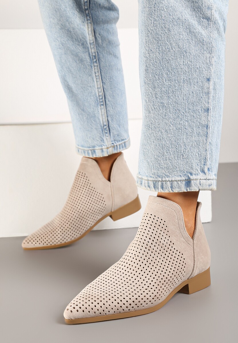 Beżowe Płaskie Botki Vices z Ażurową Cholewką Ozdobione Wycięciem Selanis