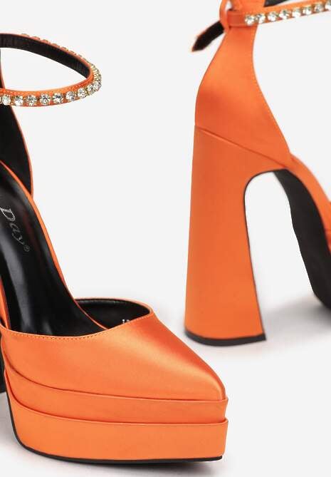 Pomarańczowe Satynowe Czółenka na Słupku i Platformie Darlo