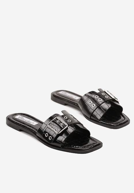 Czarne Klapki z Nitami Paskiem i Klamrą Novolise