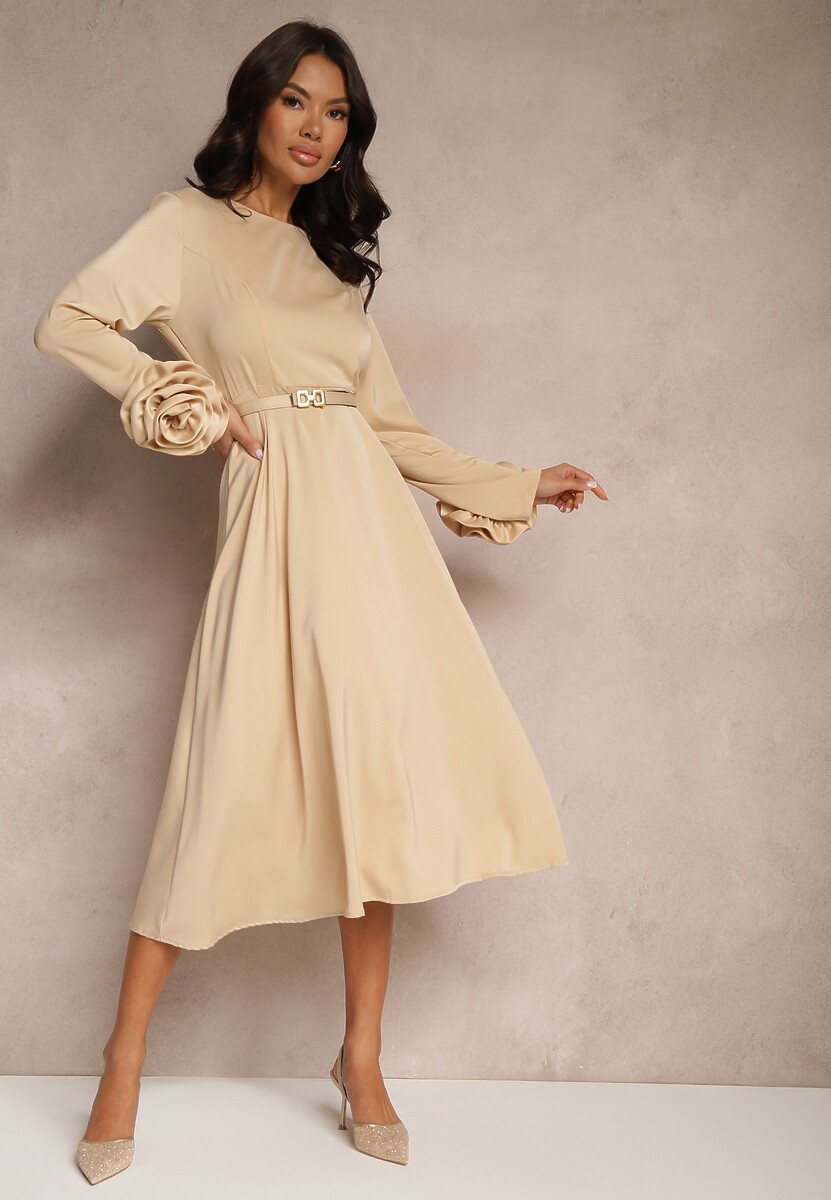 Beżowa Koktajlowa Sukienka z Kwiatowymi Aplikacjami 3D na Rękawach i Paskiem Temiraia