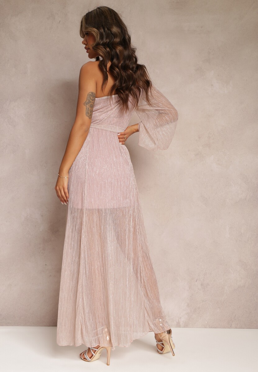 Ciemnoróżowa Asymetryczna Sukienka Maxi z Gumką i Wiązanym Paskiem w Talii Saminta