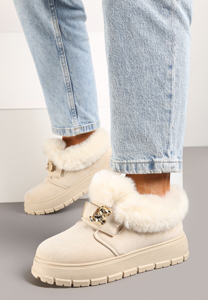 Beżowe Śniegowce na Platformie z Metaliczną Aplikacją i Klamrą Izareth