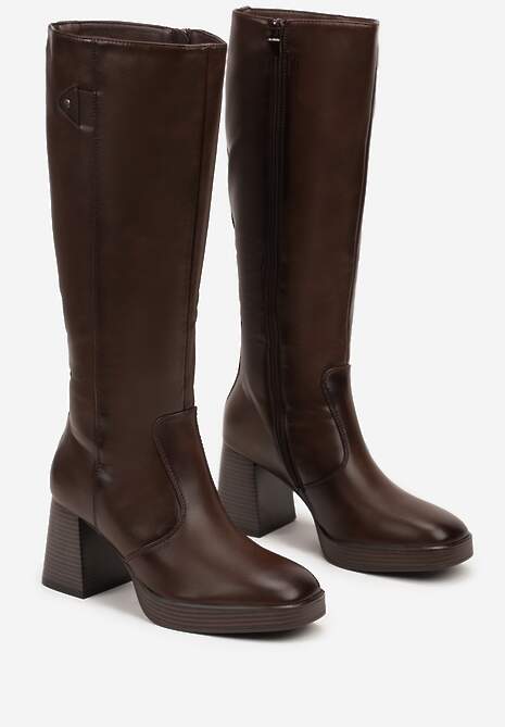 Brązowe Kozaki na Platformie i Słupku z Lekkim Ociepleniem Hanissea