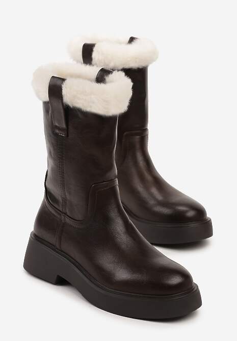 Brązowe Botki na Płaskiej Podeszwie z Futerkiem na Cholewce Izafrina