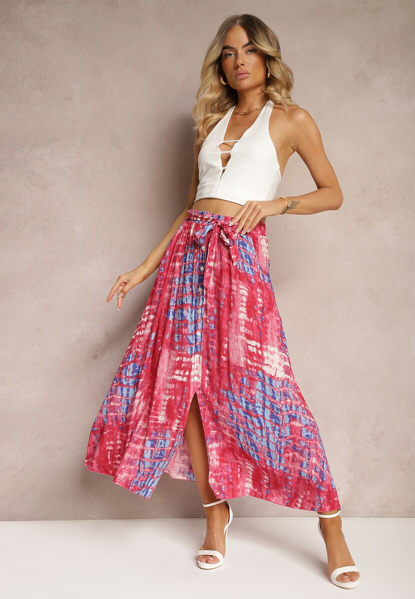 Różowa Rozkloszowana Spódnica z Wiskozy z Nieodpinanymi Ozdobnymi Guzikami Zafina