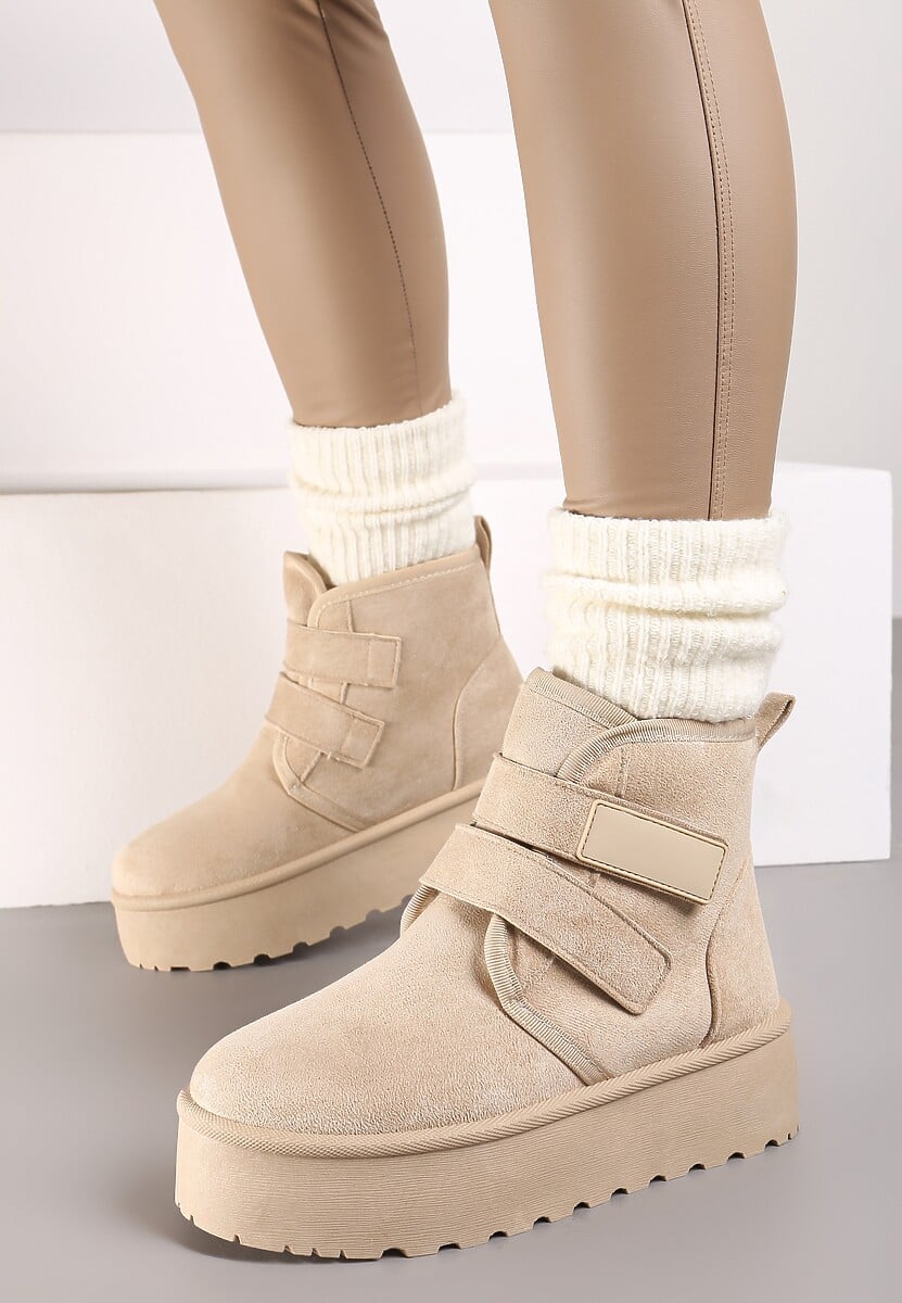 Beżowe Śniegowce na Platformie z Zapięciem na Rzep Tarimelle