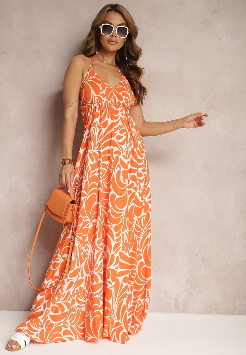 Pomarańczowa Rozkloszowana Sukienka Wiązana na Plecach z Wiskozy Wiasara