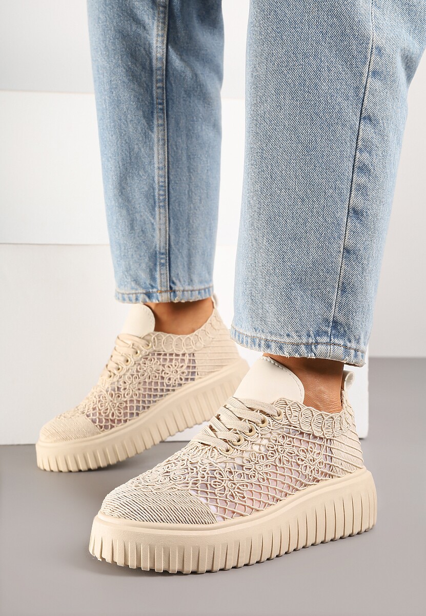 Beżowe Sneakersy Vices na Platformie z Ażurową Cholewką Lumerise