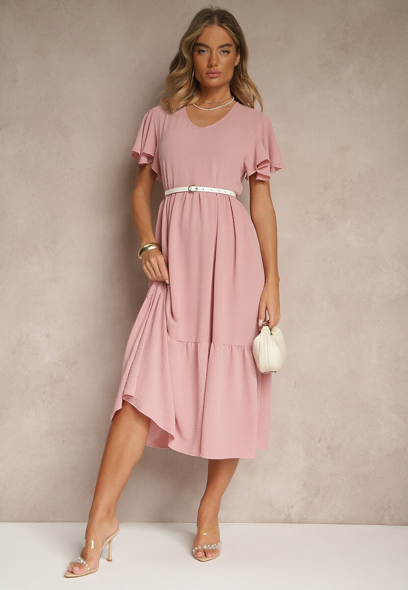 Różowa Rozkloszowana Sukienka z Wiskozą w Casualowym Stylu Filarenna