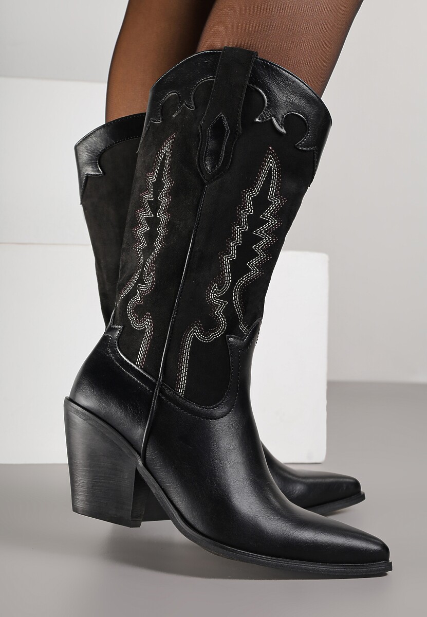 Czarne Botki Typu Kowbojki na Stożku z Haftowaną Cholewką Nalaveia