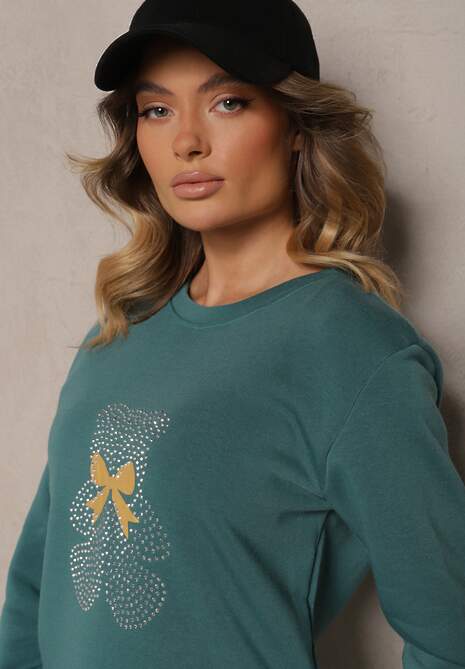 Zielony Ocieplany Komplet Dresowy z Bawełny Zdobiony Cyrkoniami Bluza i Spodnie z Gumką Nelionis