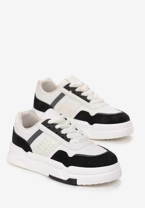 Biało-Czarne Płaskie Sneakersy na Grubej Podeszwie ze Sznurowaniem i Perforacją Obena