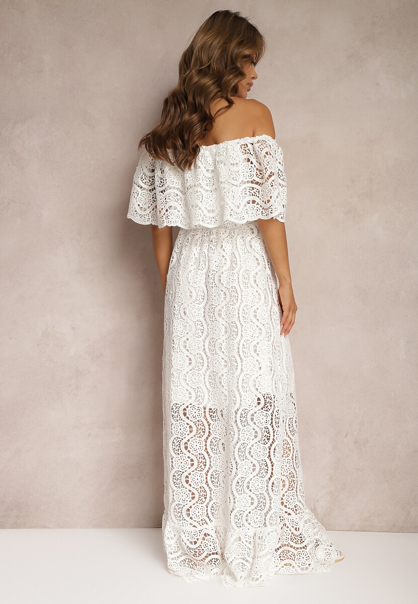 Biała Ażurowa Sukienka z Bawełny z Dekoltem Hiszpanką Wykończona Gumką w Talii Helavia