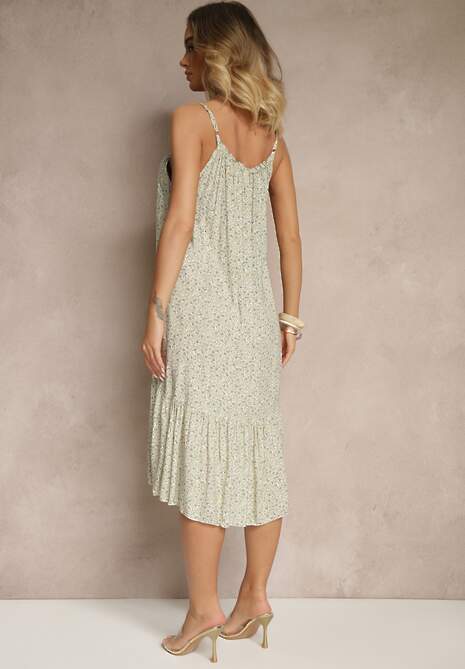 Beżowa Bawełniana Sukienka o Rozkloszowanym Kroju w Kwiaty Niliriela