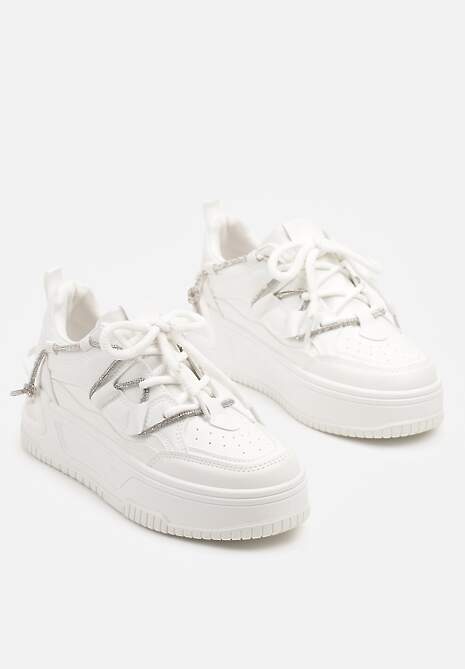 Białe Sneakersy na Platformie z Paskiem z Cyrkonii Aneolin