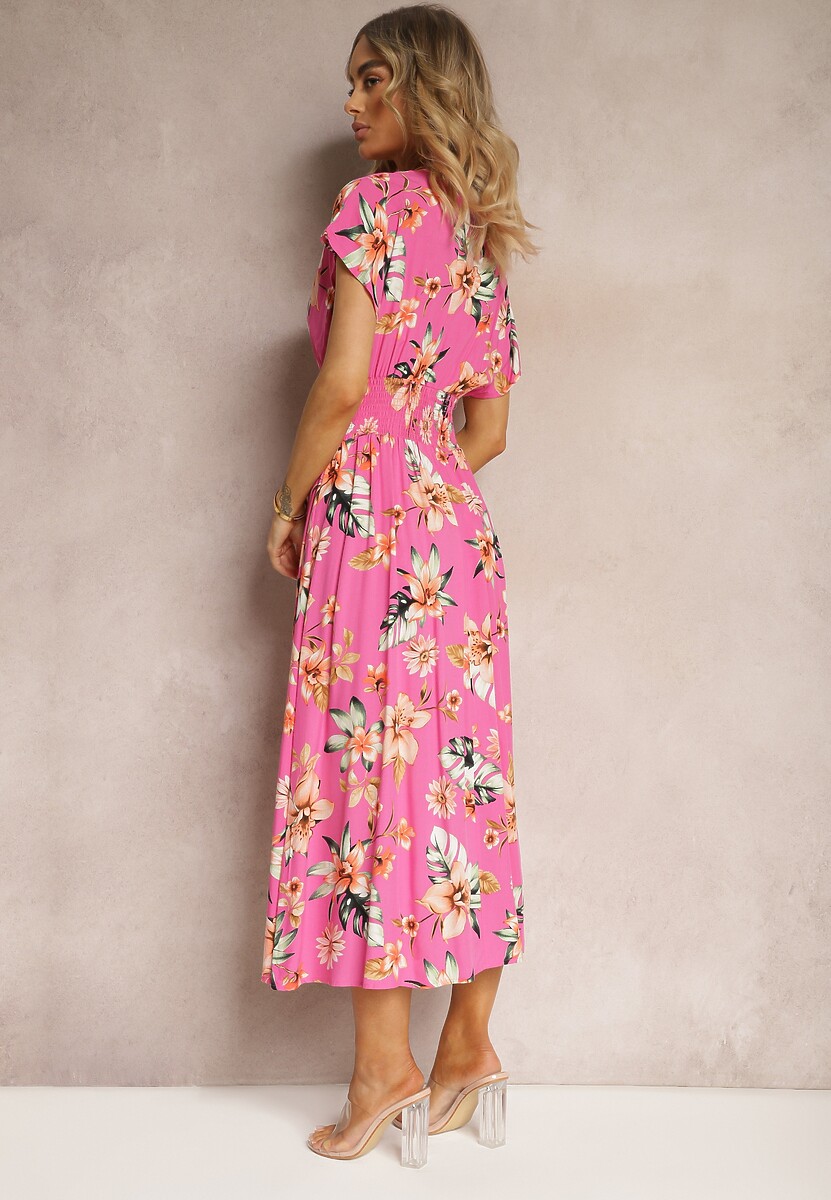 Różowa Kopertowa Sukienka w Kwiaty z Gumką w Talii Nobbia
