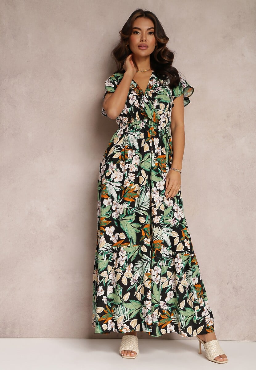 Biało-Zielona Sukienka z Wiskozy Maxi w Kwiaty Mahiza