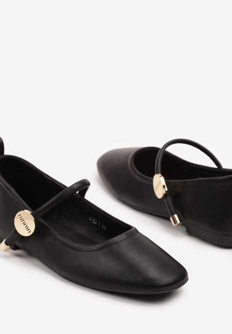 Czarne Balerinki z Kwadratowym Noskiem i Ozdobnym Paskiem Firmio
