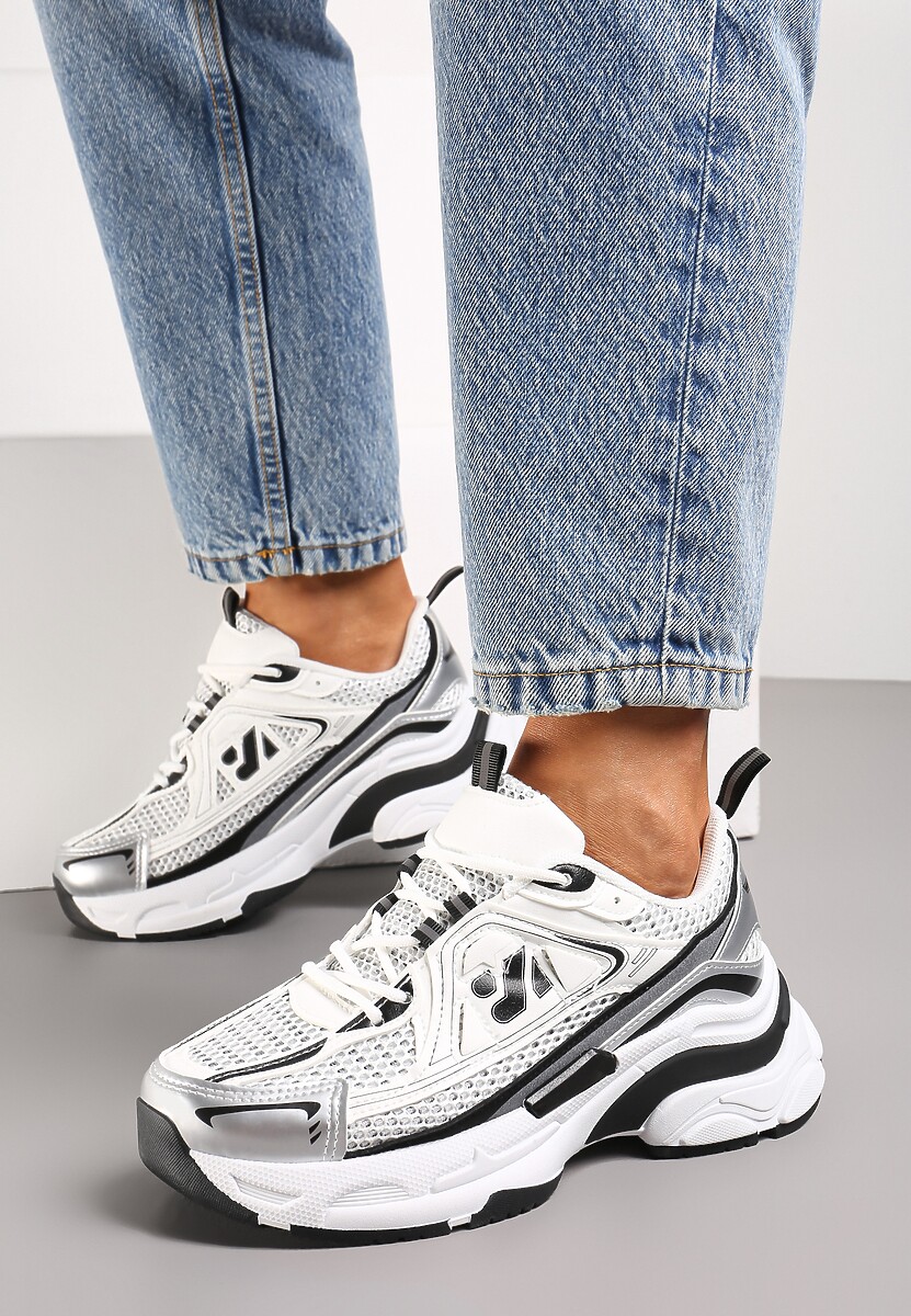 Biało-Srebrne Sneakersy na Grubej Podeszwie Ozdobione Siateczkowymi Wstawkami Korianna