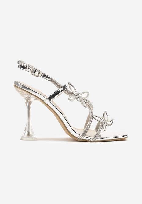 Srebrne Sandały na Szpilce w Kształcie Klepsydry z Cyrkoniami i Motylami 3D Selzivia
