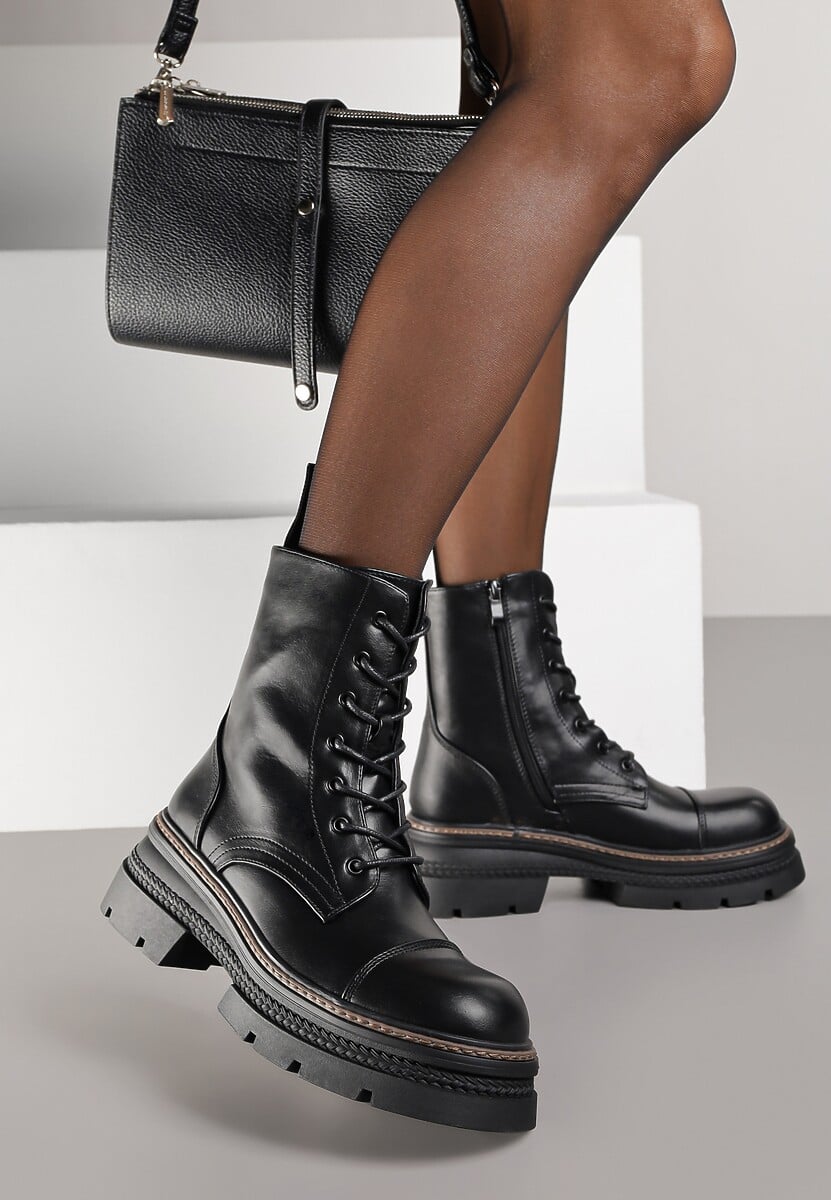 Czarne Botki Workery na Tłoczonej Podeszwie Temie