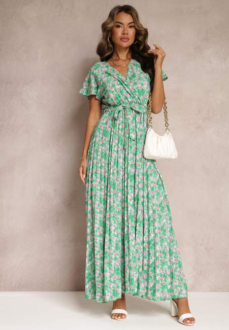 Zielona Plisowana Sukienka Maxi w Kwiatki z Gumką w Talii Ikama