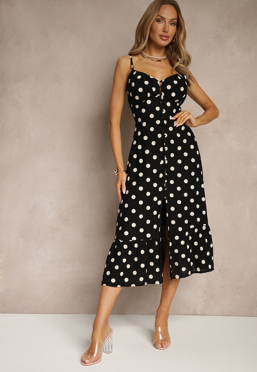 Beżowa Sukienka z Wiskozy w Grochy o Taliowanym Kroju na Ramiączka Lavilsa