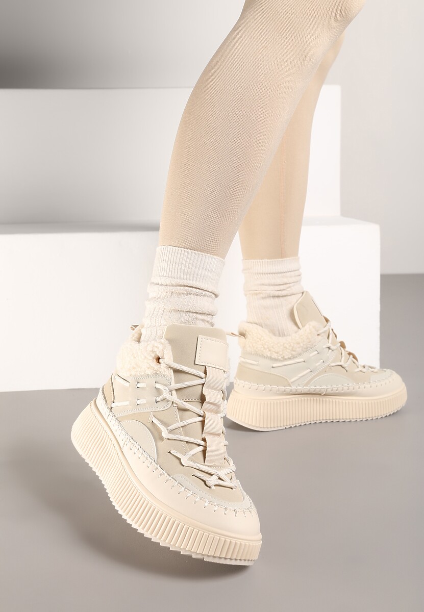 Beżowe Śniegowce Traperki Vices z Futerkiem Typu Baranek i Platformą Terivelle