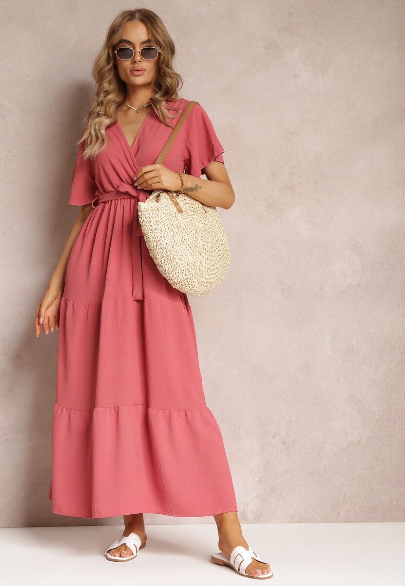 Ciemnoróżowa Sukienka Maxi z Gumką w Talii i Głębokim Dekoltem Chemiste