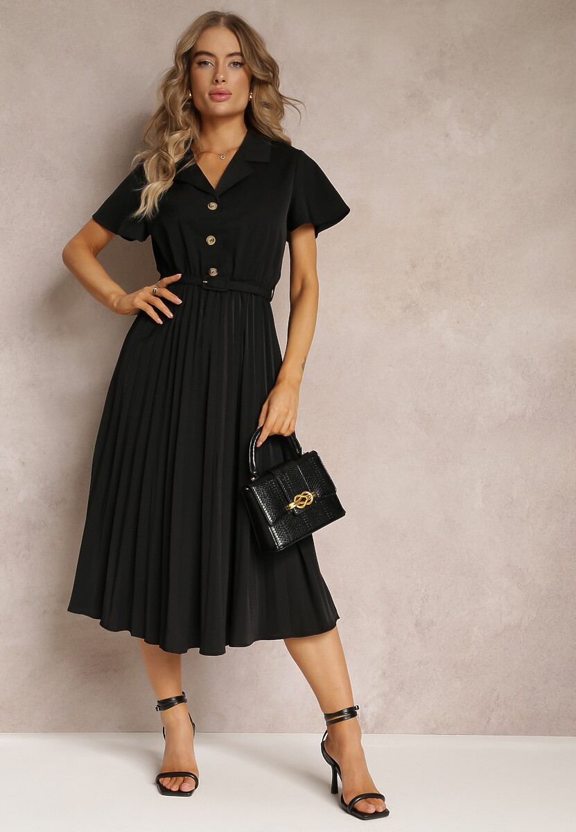 Czarna Retro Sukienka Midi z Plisowaniem i Paskiem na Klamrę Elinerise