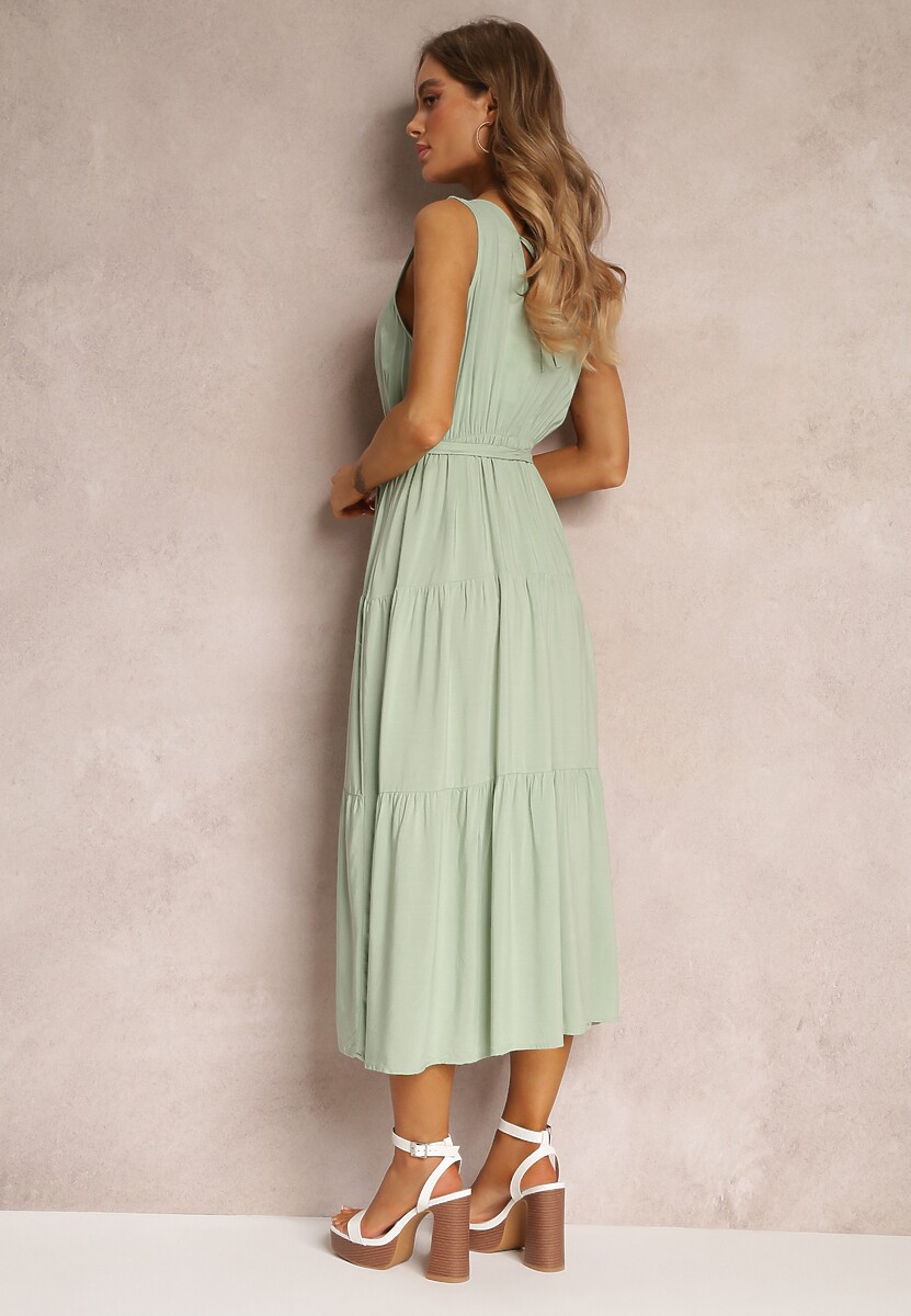 Miętowa Wiązana Sukienka Midi z Wiskozy bez Rękawów z Gumką w Talii Mideyo