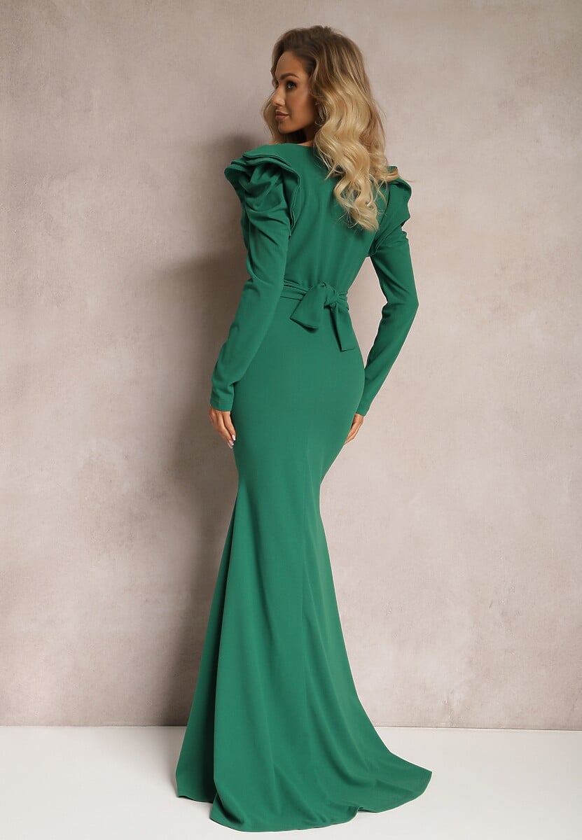 Zielona Sukienka Maxi z Falbankami i Wiązanym Paskiem Botarla