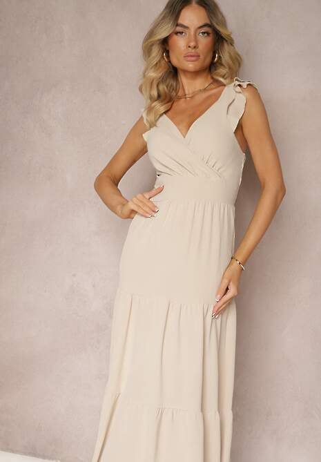 Jasnobeżowa Sukienka z Kopertowym Dekoltem na Ramiączkach z Gumką w Pasie i Falbankami Ebiviana