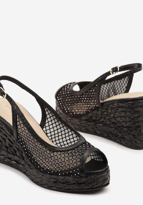 Czarne Sandały na Koturnie ze Skórzaną Wkładką Cyrkoniami i Siateczkową Cholewką Arvi