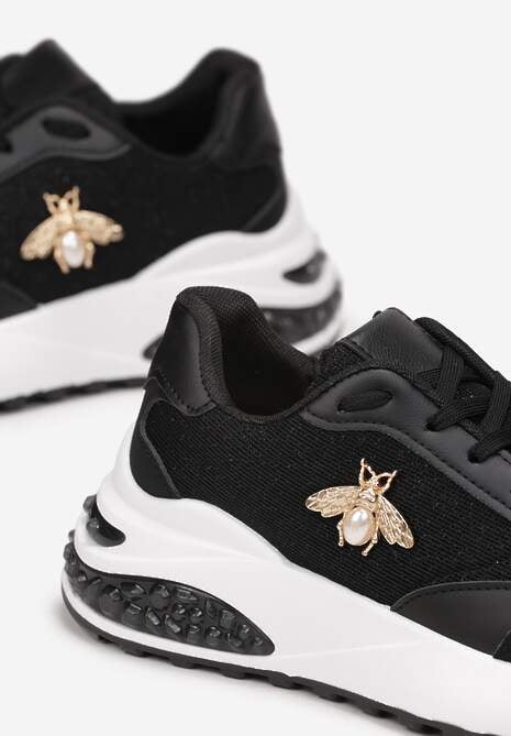 Czarne Sneakersy na Grubej Podeszwie z Ozdobą i Brokatem Sehdi